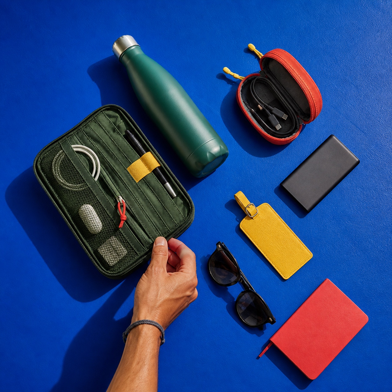 Travel and technology essentials arranged on a blue table