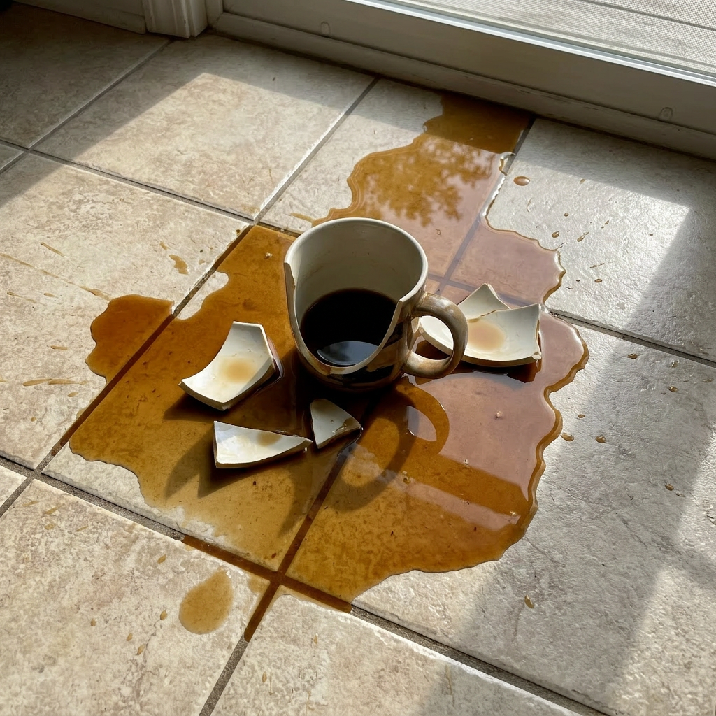Broken coffee mug on floor