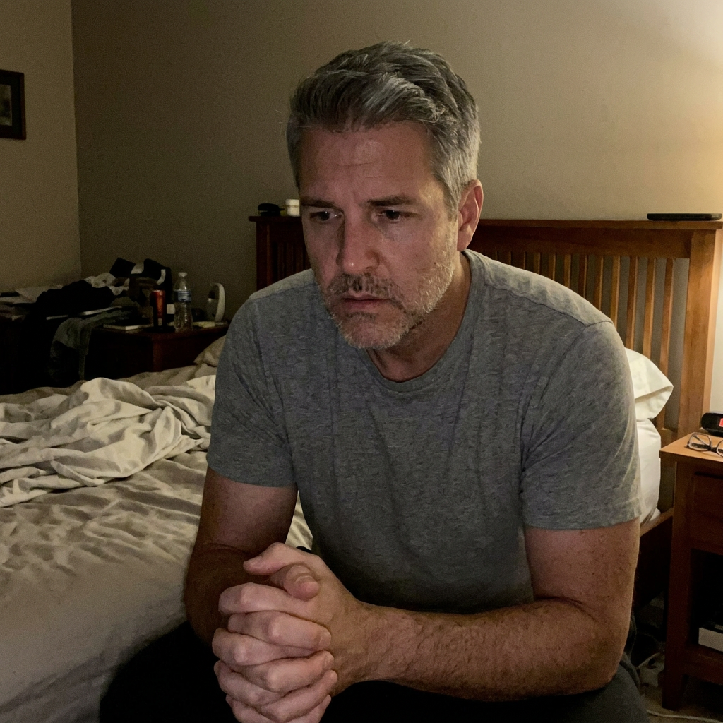 Man sitting alone on bed