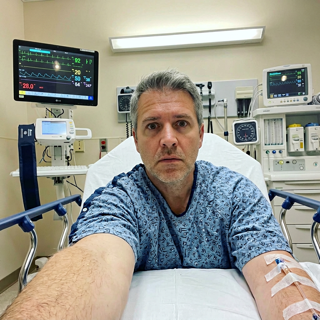 Fletcher lying on a hospital bed in an ER room with monitors and an IV, looking shaken