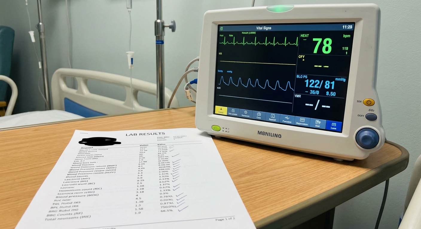 Close-up of a hospital monitor showing vitals next to a lab results printout with circled numbers