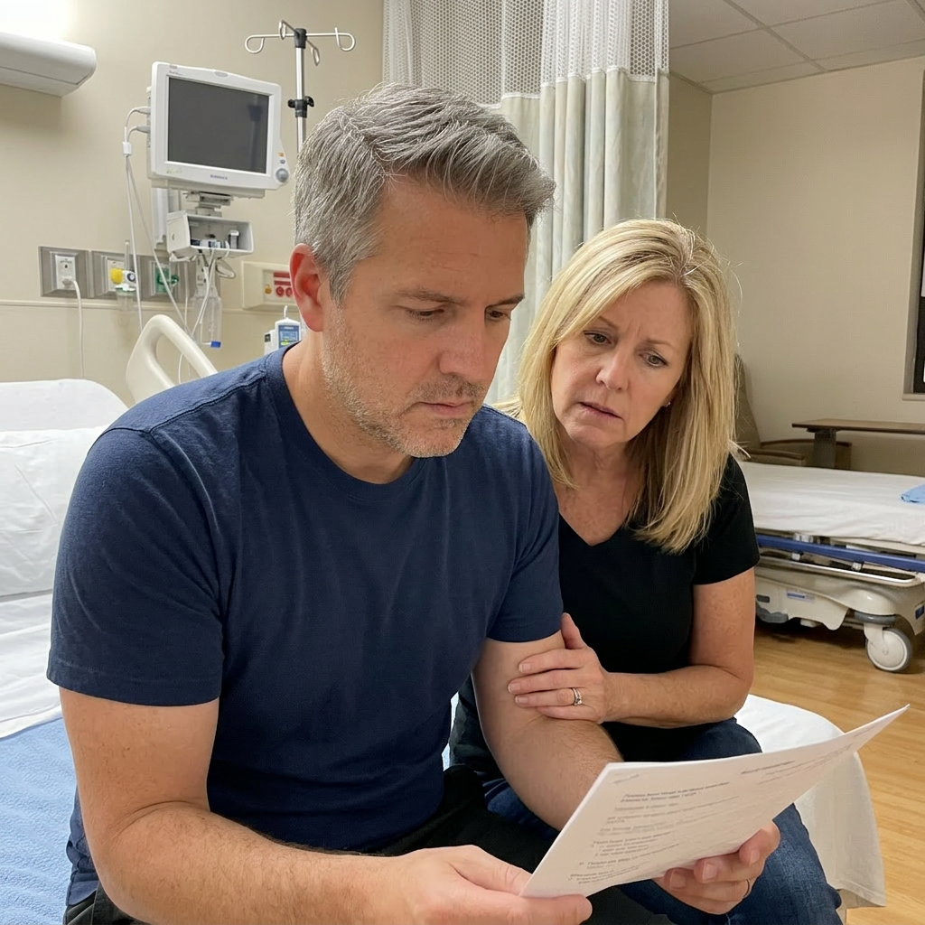 Fletcher sitting on the edge of the hospital bed looking at a paper the doctor gave him, Maggie beside him
