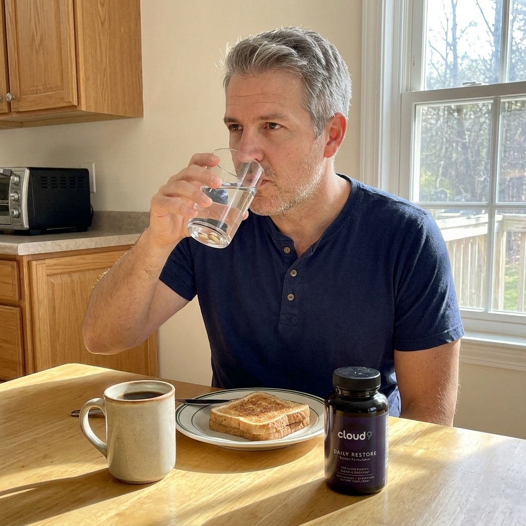Fletcher taking capsules with breakfast at his kitchen table, morning light, looking determined