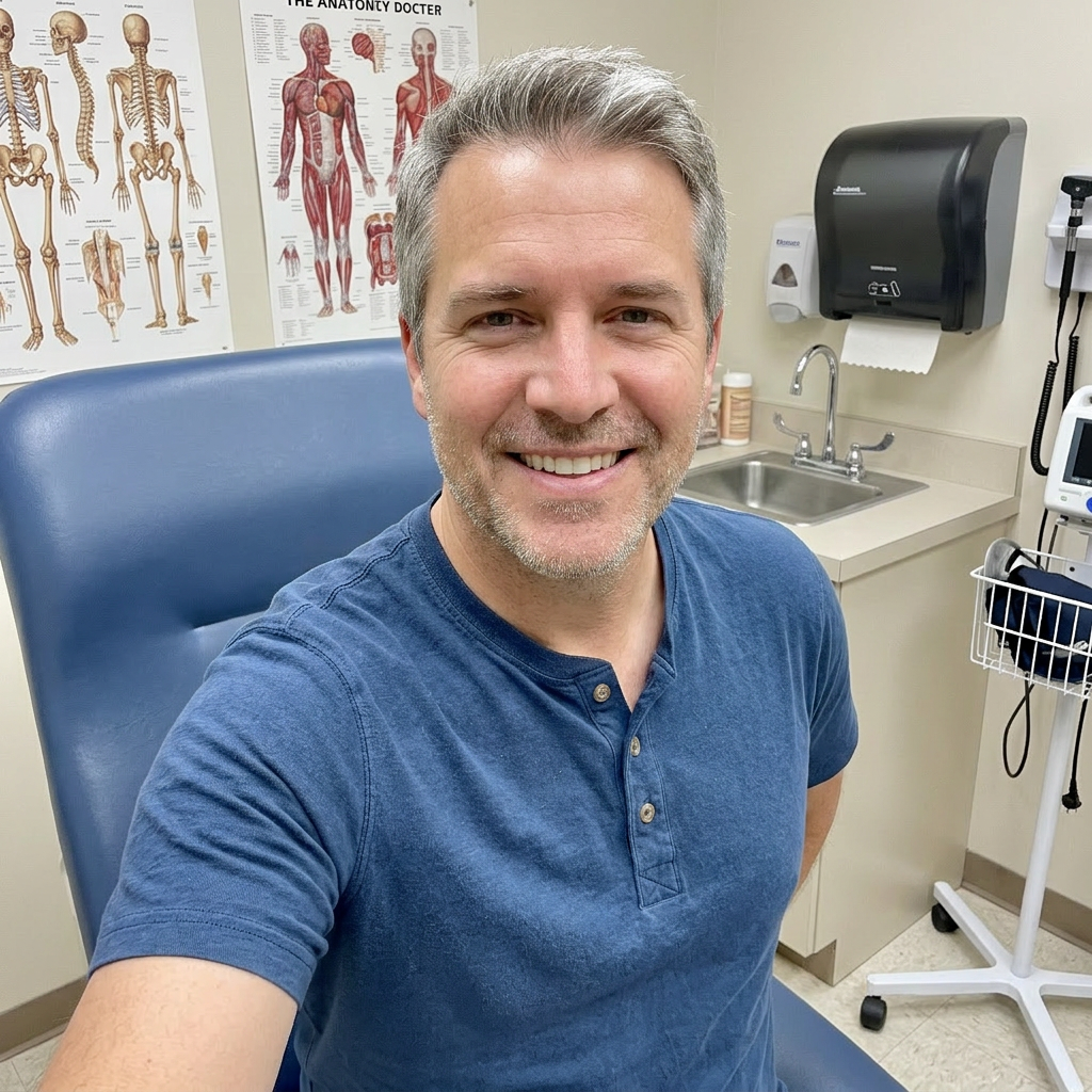 Fletcher smiling in a doctor's office, looking healthy and relieved