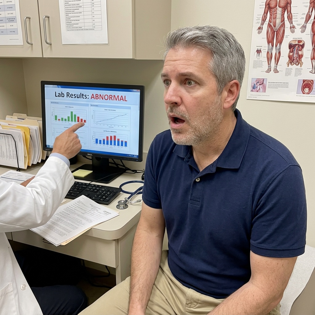 Fletcher receiving unexpected lab results from his doctor in a medical office