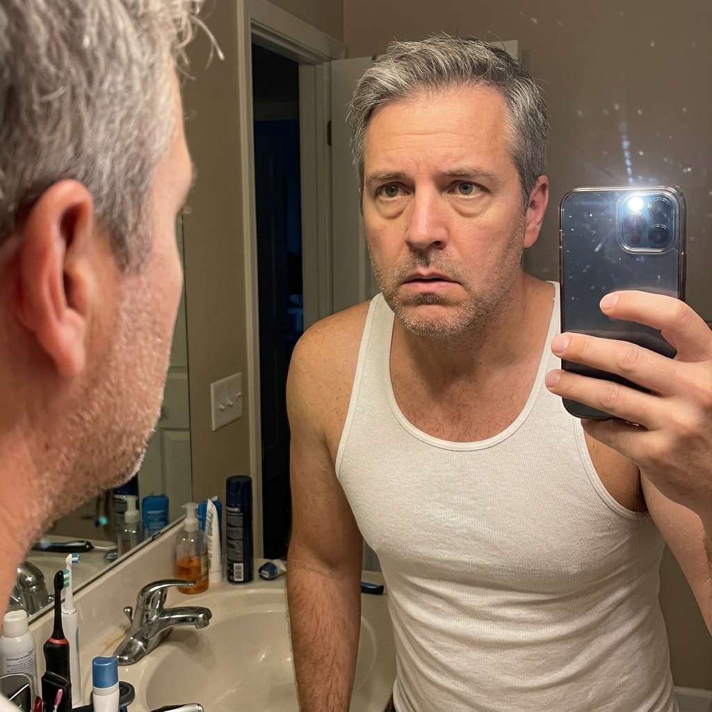 Fletcher looking at himself in a bathroom mirror, noticing yellow tint in his eyes and facial puffiness