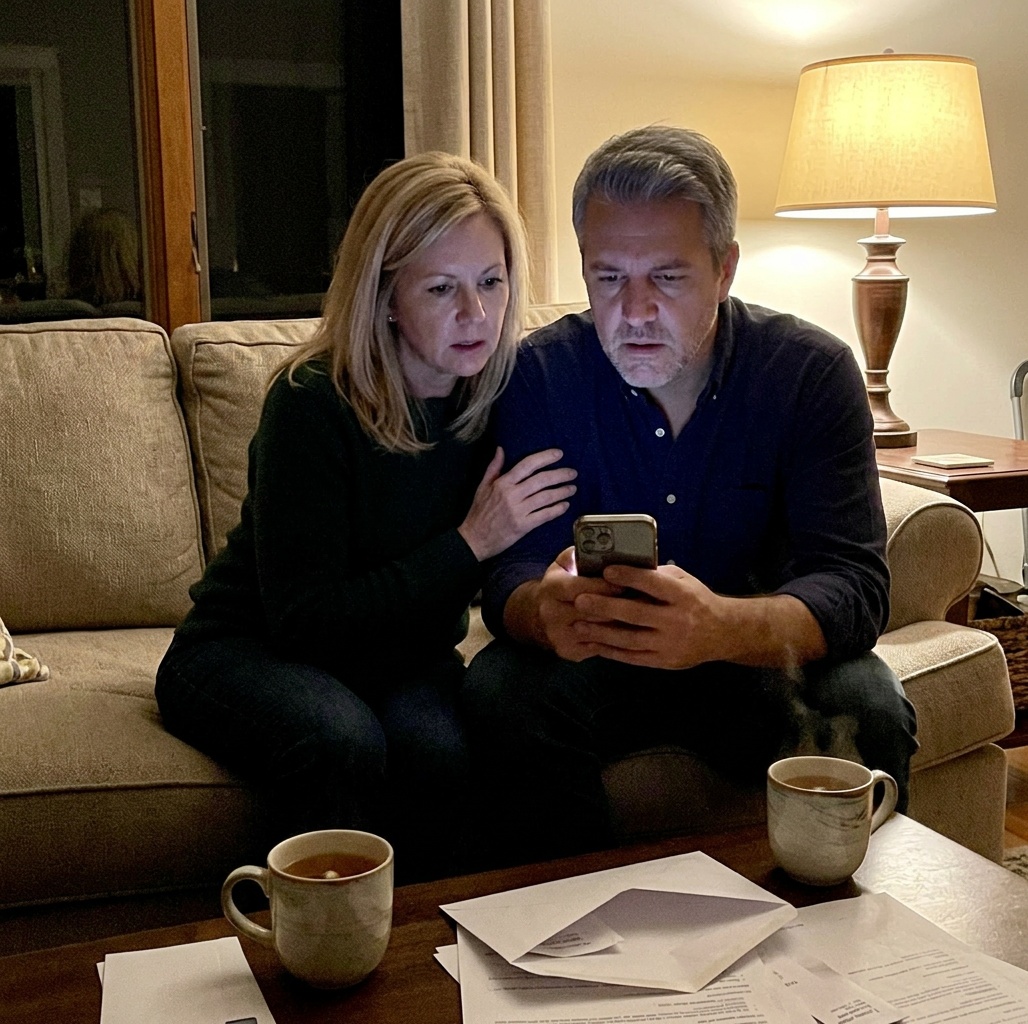 Fletcher and Maggie sitting together on their couch looking at medical results on a phone, both looking worried