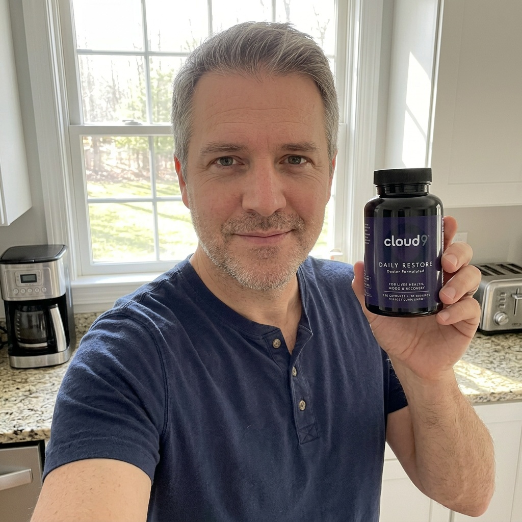 Fletcher holding a bottle of Cloud9 Daily Restore in his kitchen
