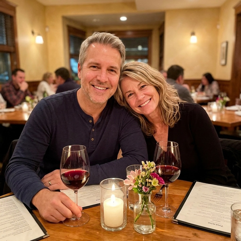 Fletcher and Maggie Haines enjoying dinner together at a restaurant, both looking healthy and happy